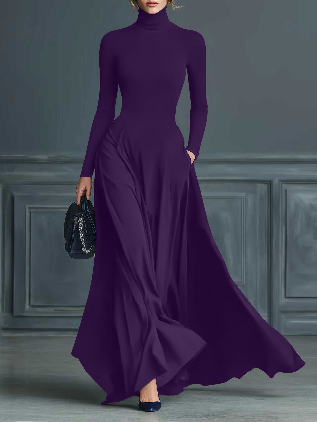 Dark Blue High-Neck Knitted Maxi Dress