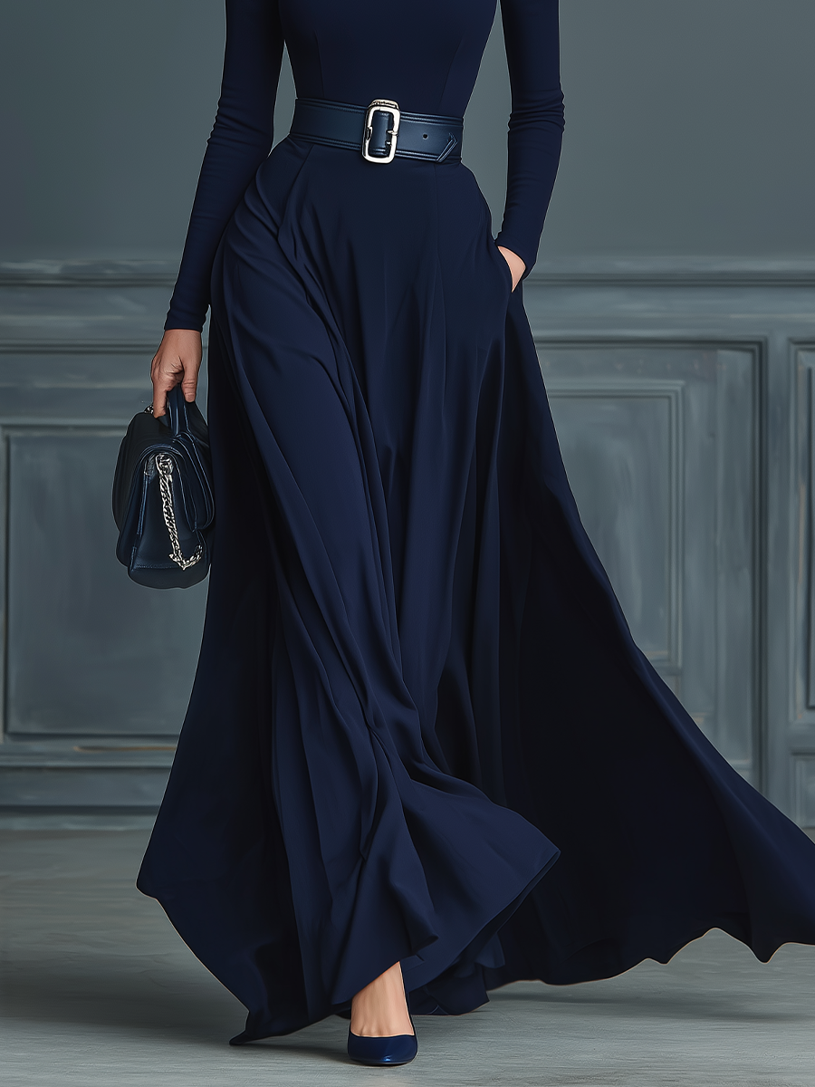Dark Blue High-Neck Knitted Maxi Dress