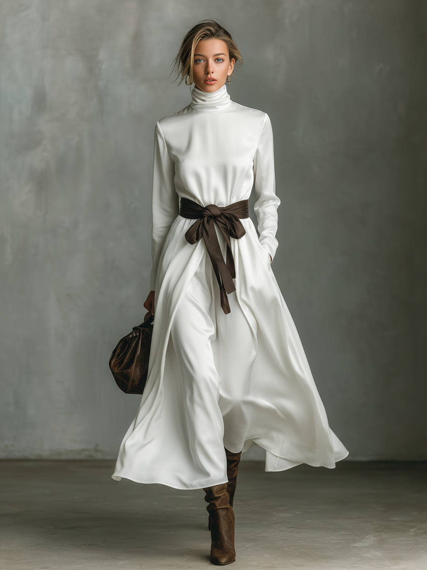 Satin high-neck long-sleeved midi dress with a belt.