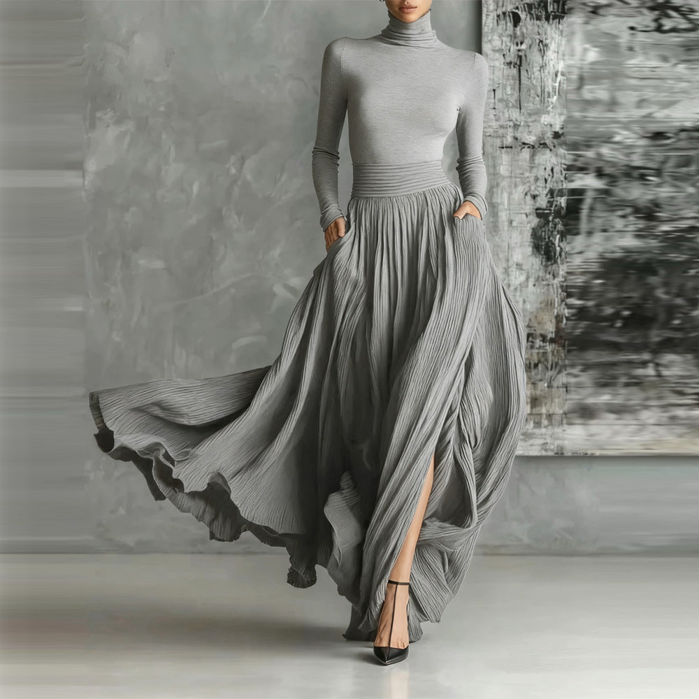 All-Black Skinny Turtleneck Top & Pleated Skirt Set