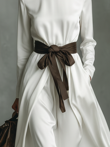 Satin high-neck long-sleeved midi dress with a belt.