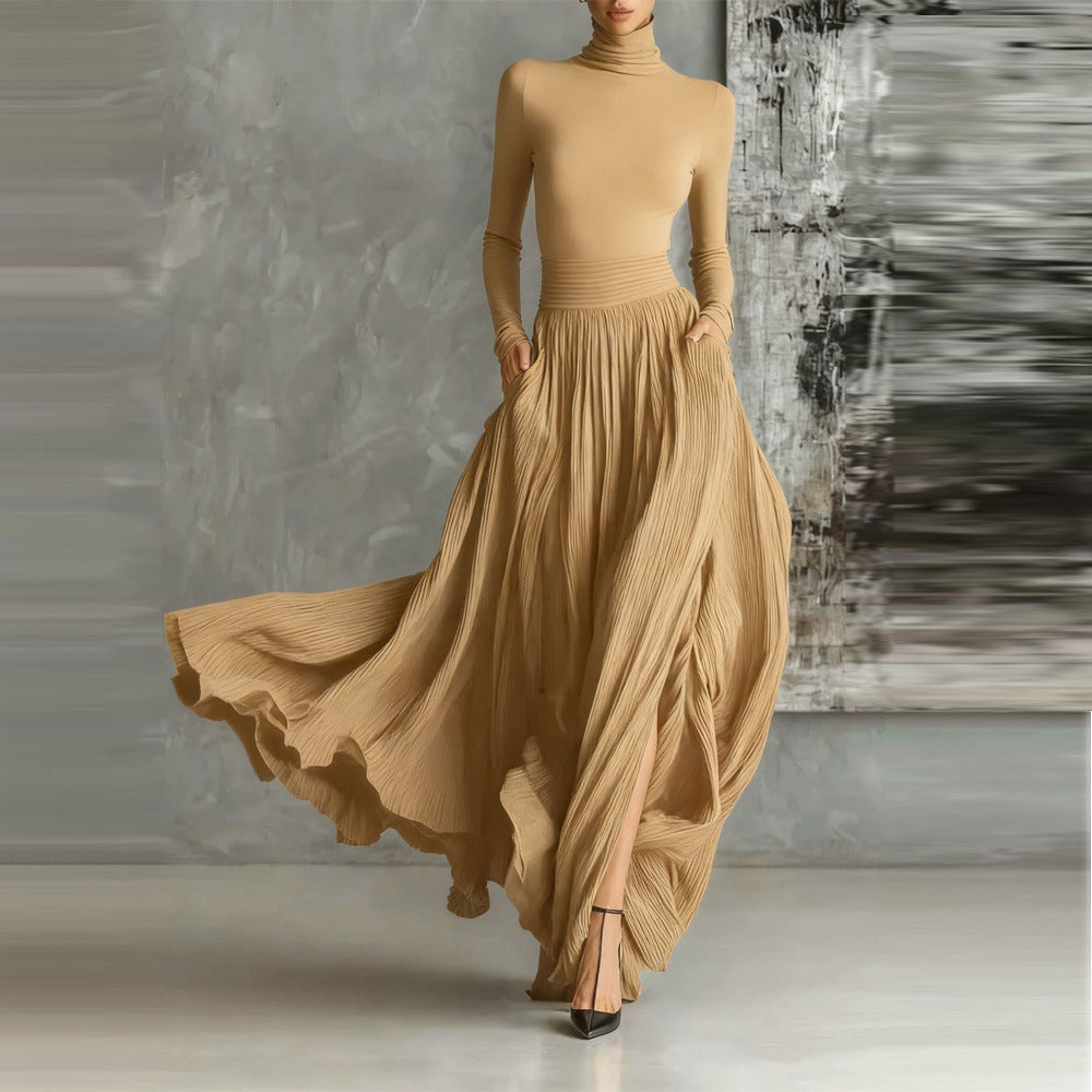 All-Black Skinny Turtleneck Top & Pleated Skirt Set