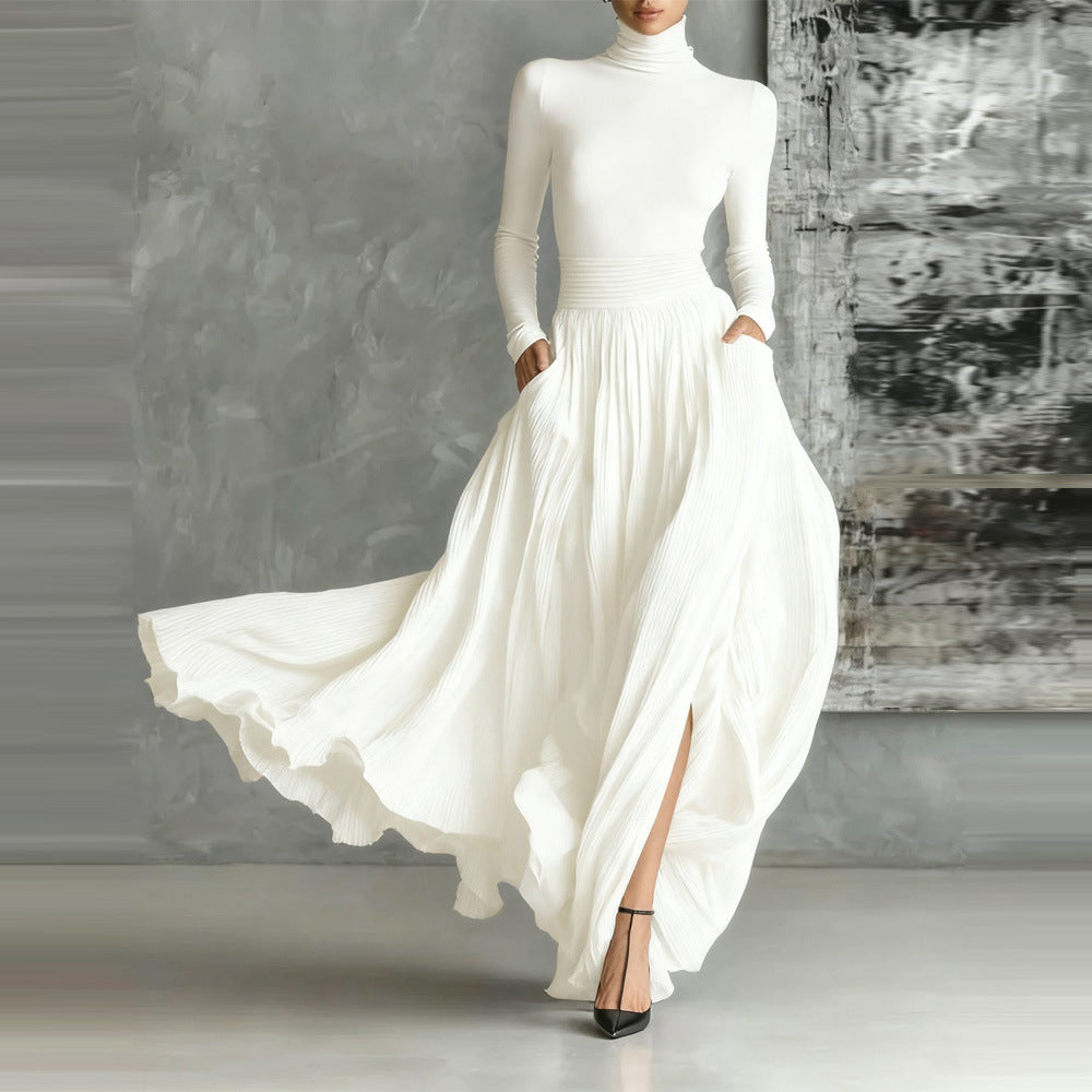 All-Black Skinny Turtleneck Top & Pleated Skirt Set