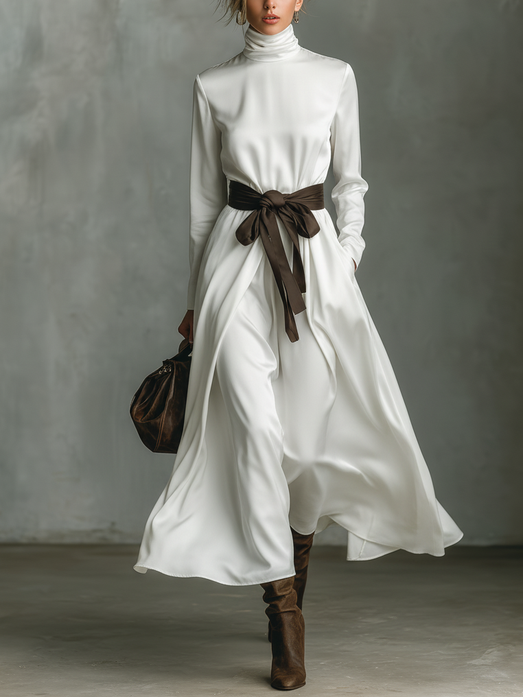 Satin high-neck long-sleeved midi dress with a belt.