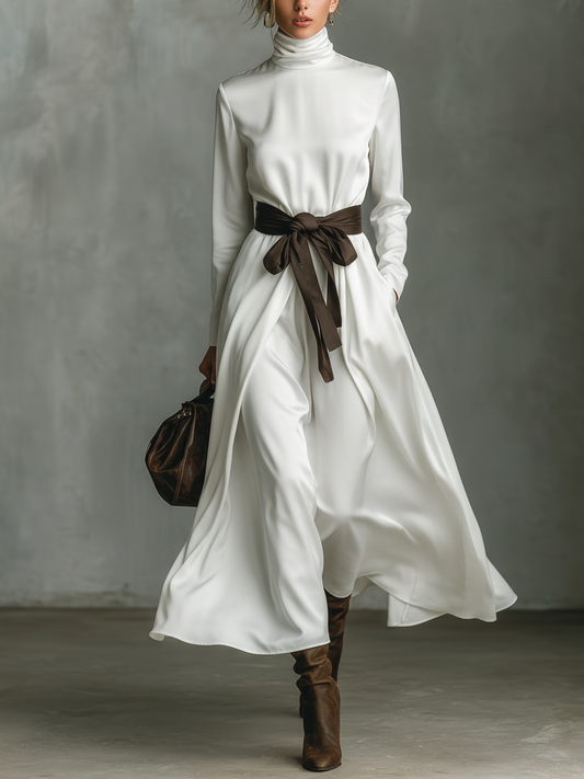 Satin high-neck long-sleeved midi dress with a belt.