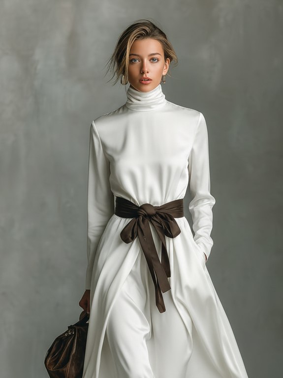 Satin high-neck long-sleeved midi dress with a belt.
