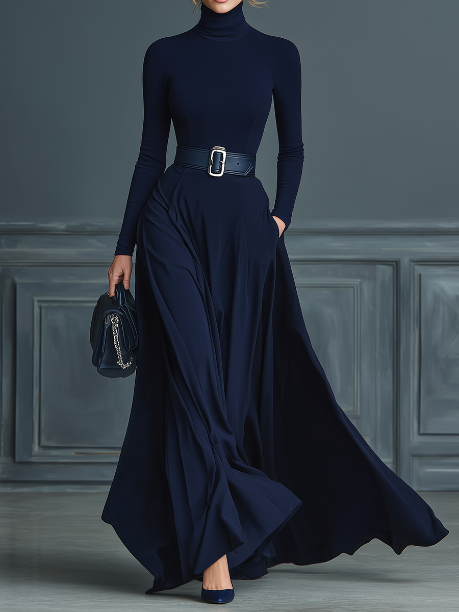 Dark Blue High-Neck Knitted Maxi Dress