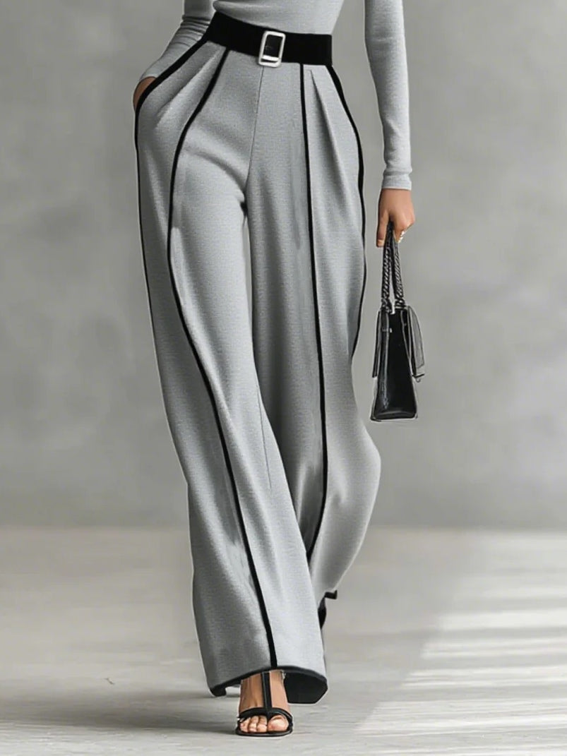 High-Neck Long-Sleeve Top & Wide-Leg Pants Set with Belt