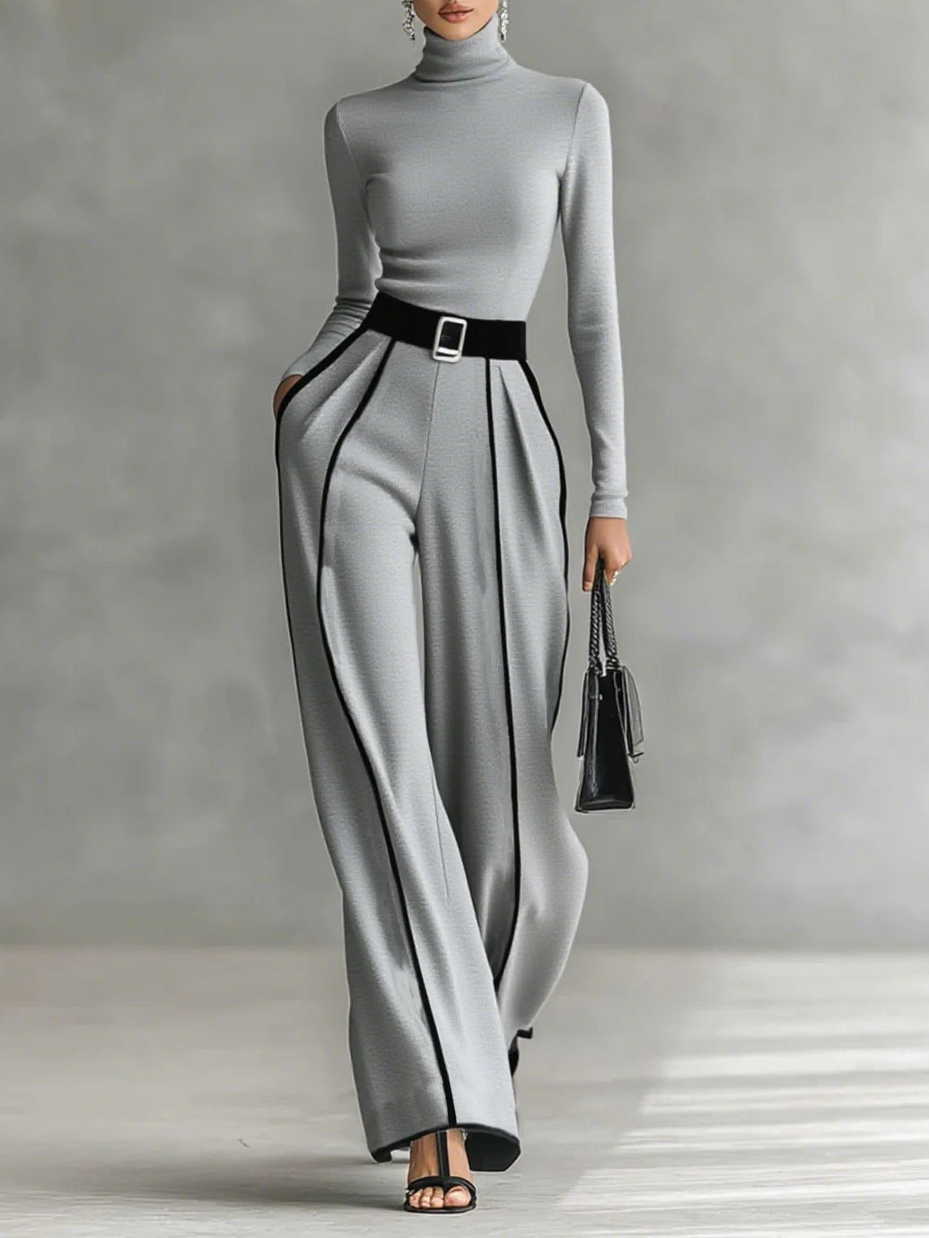 High-Neck Long-Sleeve Top & Wide-Leg Pants Set with Belt