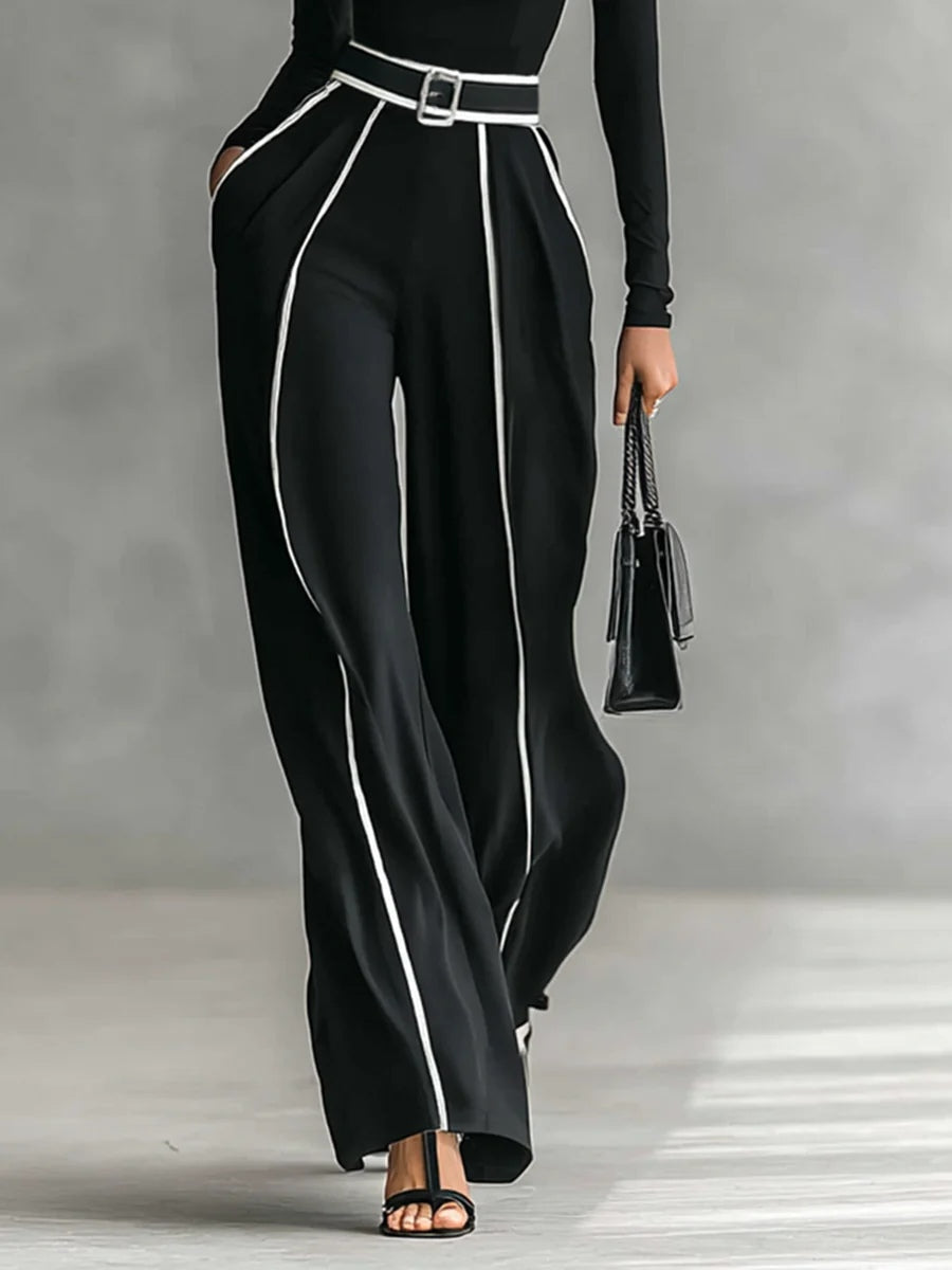 High-Neck Long-Sleeve Top & Wide-Leg Pants Set with Belt