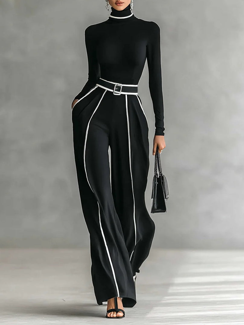High-Neck Long-Sleeve Top & Wide-Leg Pants Set with Belt