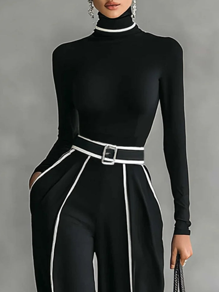 High-Neck Long-Sleeve Top & Wide-Leg Pants Set with Belt