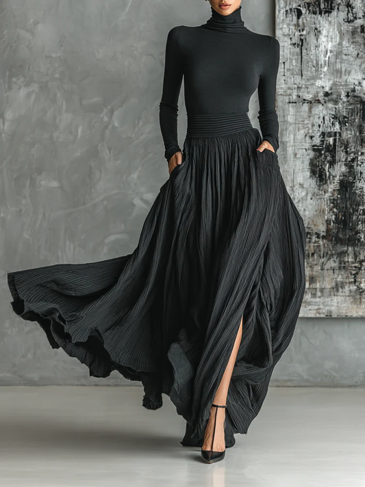 All-Black Skinny Turtleneck Top & Pleated Skirt Set