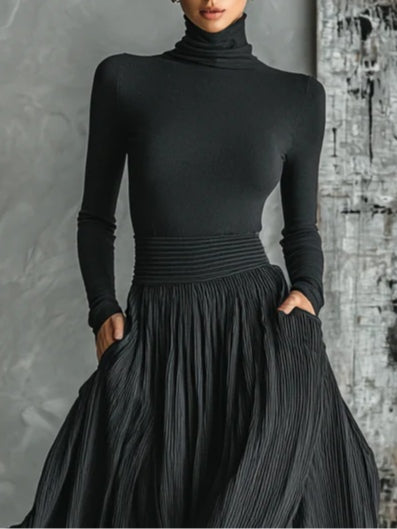 All-Black Skinny Turtleneck Top & Pleated Skirt Set