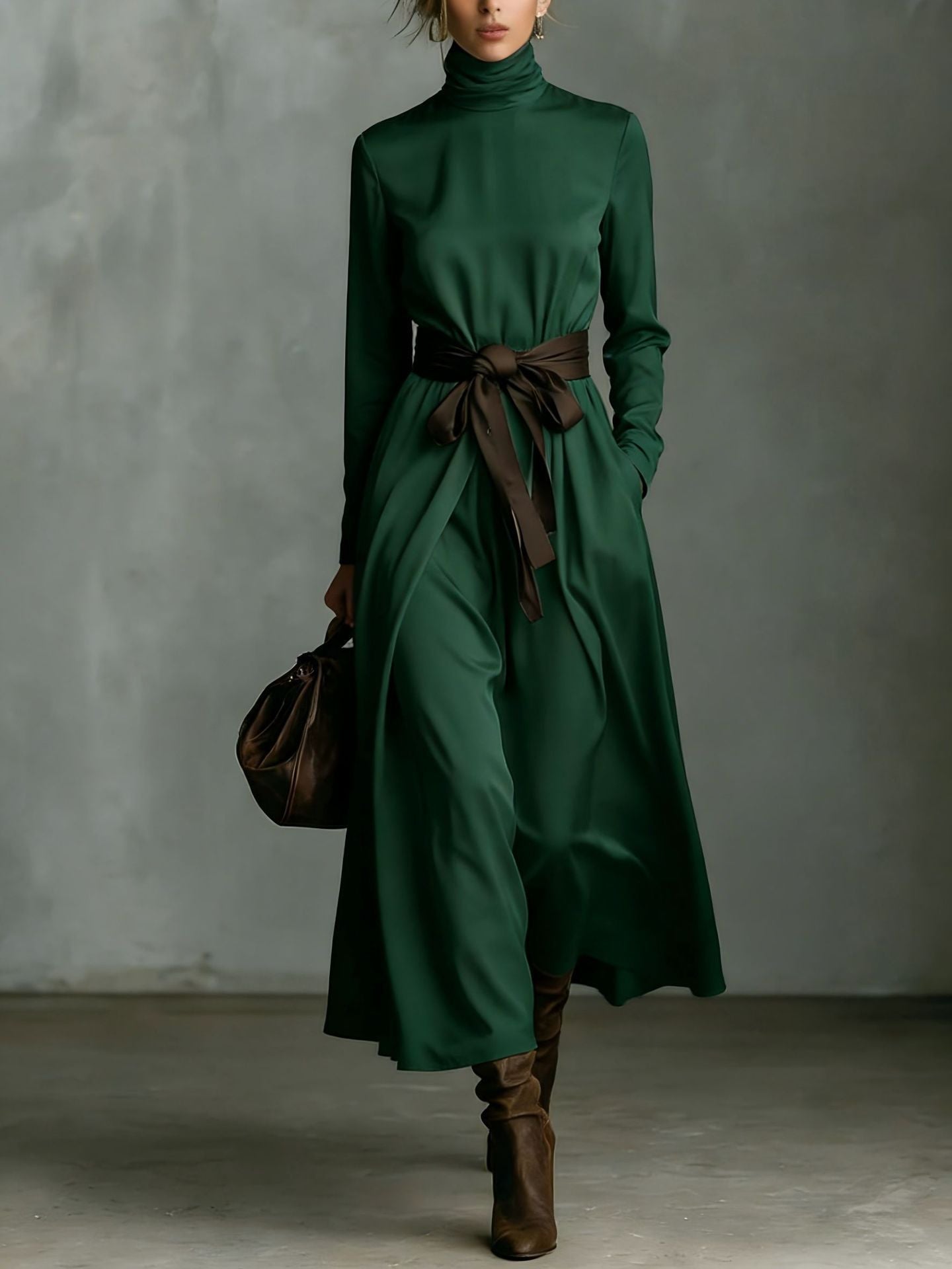 Satin high-neck long-sleeved midi dress with a belt.