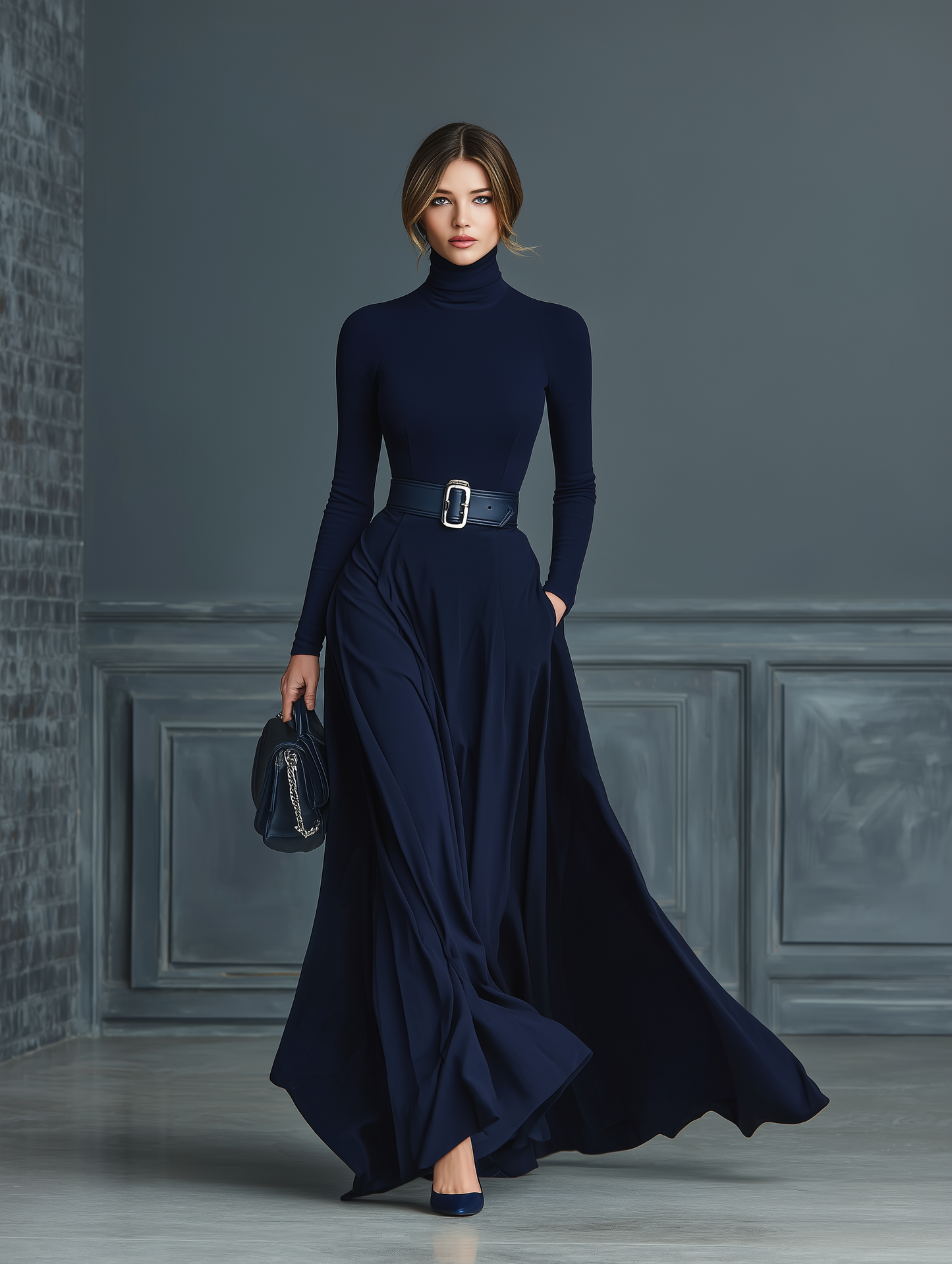 Dark Blue High-Neck Knitted Maxi Dress