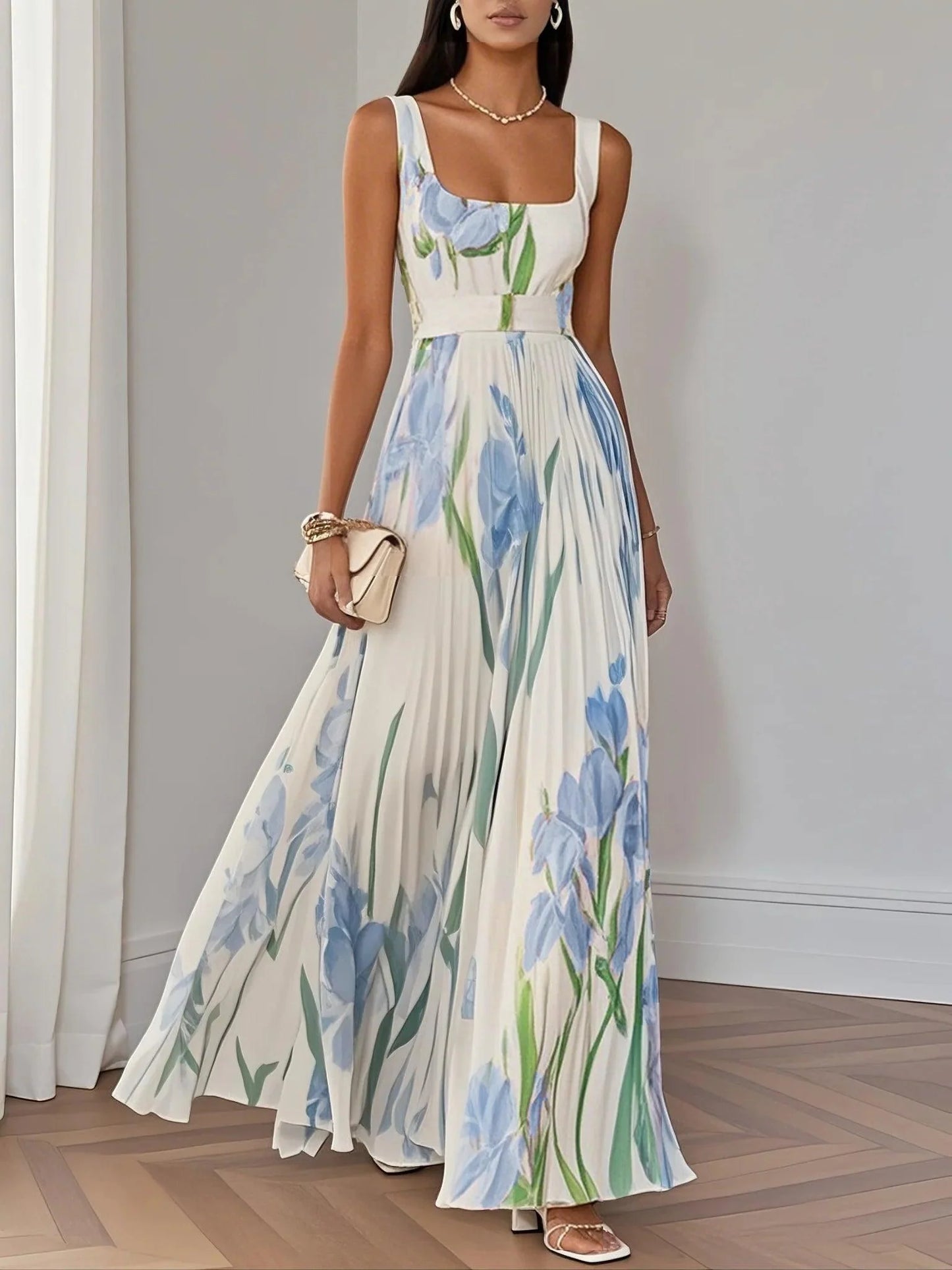 Square-neck sleeveless A-line long dress