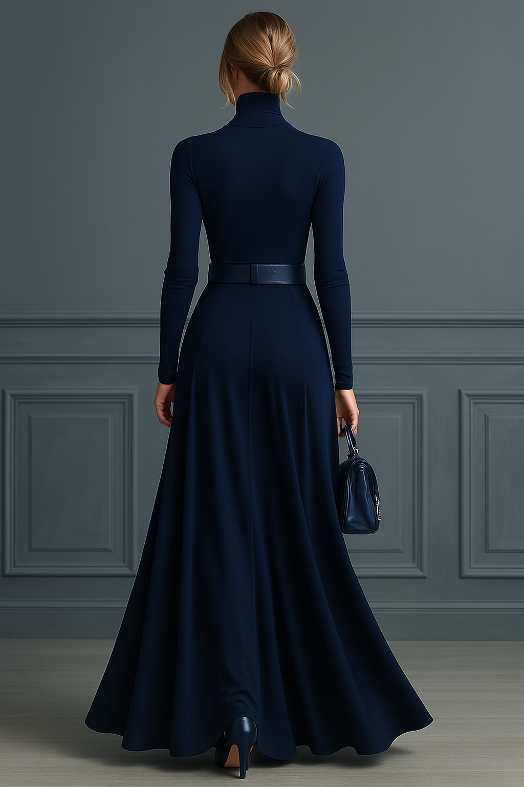 Dark Blue High-Neck Knitted Maxi Dress