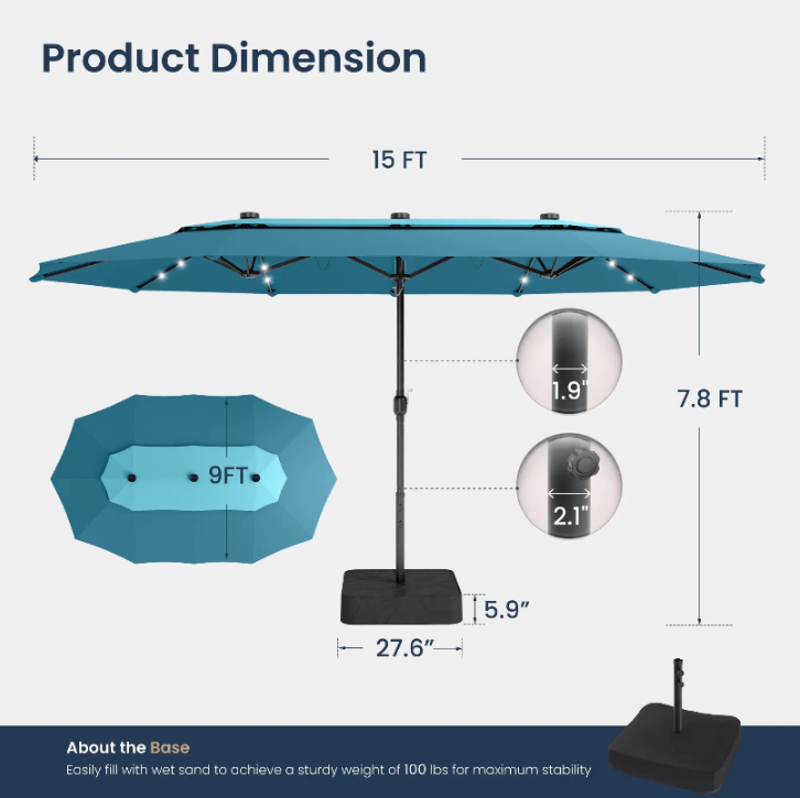 15ft Double-Sided Patio Umbrella with Base
