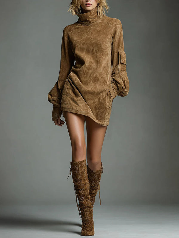 Retro Suede Turtleneck Mini Dress